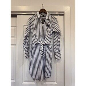 NWT Ralph Lauren Womens 8 White Stripe Tie Button Up Shirttail Broadcloth Dress